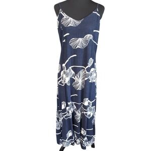 White Closet Elements Navy Blue White Floral Linen Blend Midi Slip Dress XL